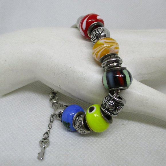 PANDORA STYLE LAMPWARK Glass Charm Beads Silver Tone Metal Heart And Key Charm - Picture 11 of 11